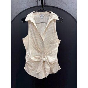 Nine West Beige Striped Tie Sleeveless Blouse